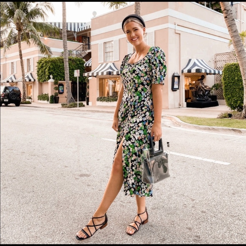 H&M Square Neck Floral Green Midi Dress